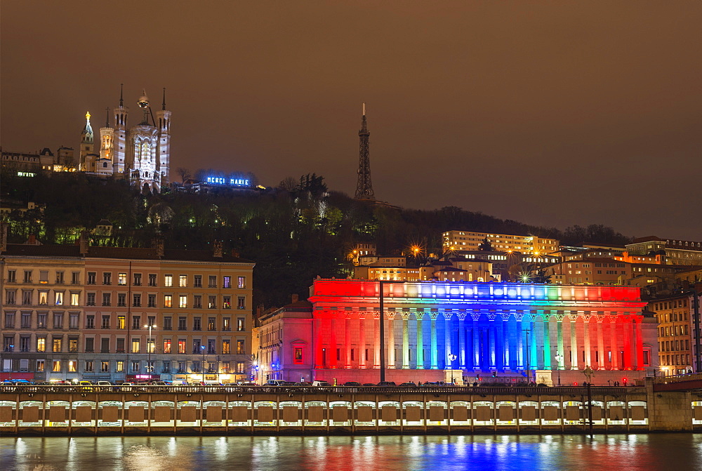 Fete des Lumieres (Festival of Lights) laser show, Basilica Notre-Dame de Fourviere, Saone River, Lyon, Rhone-Alpes, France, Europe