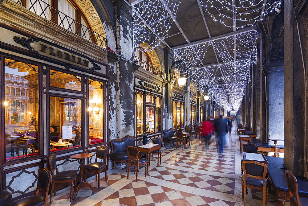 Christmas decorations at Florian Cafe, St. Marks Square, San Marco, Venice, UNESCO World Heritage Site, Veneto, Italy, Europe