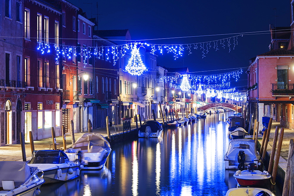 Christmas decoration on a canal at night, Murano, Venice, UNESCO World Heritage Site, Veneto, Italy, Europe