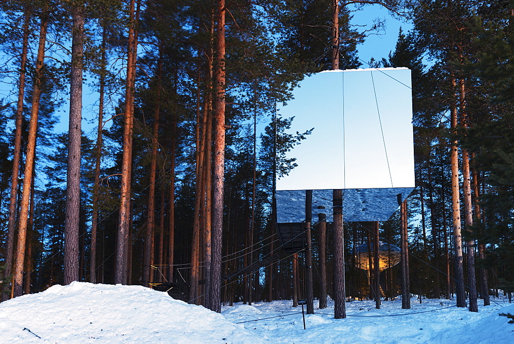 The Mirror Cube room, The Tree Hotel, Lapland, Arctic Circle, Sweden, Scandinavia, Europe