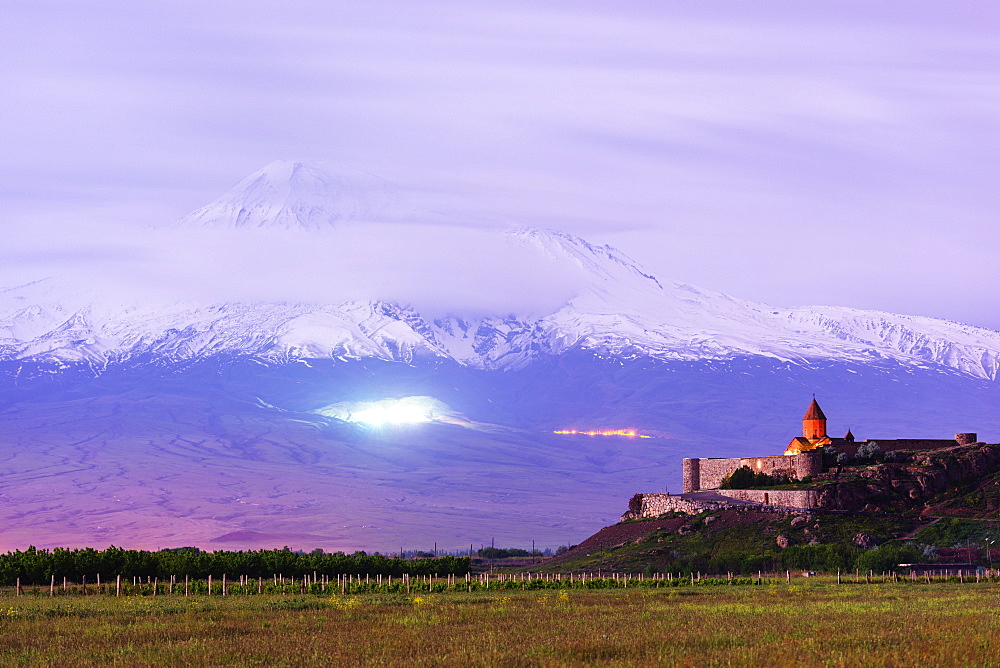 Khor Virap Monastery, and Mount Ararat, 5137m, highest mountain in Turkey photographed in Armenia, Caucasus, Central Asia, Asia