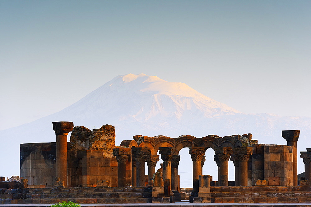 Zvartnots archaeological ruin, UNESCO World Heritage Site, Mount Ararat in Turkey behind, Armenia, Caucasus, Central Asia, Asia