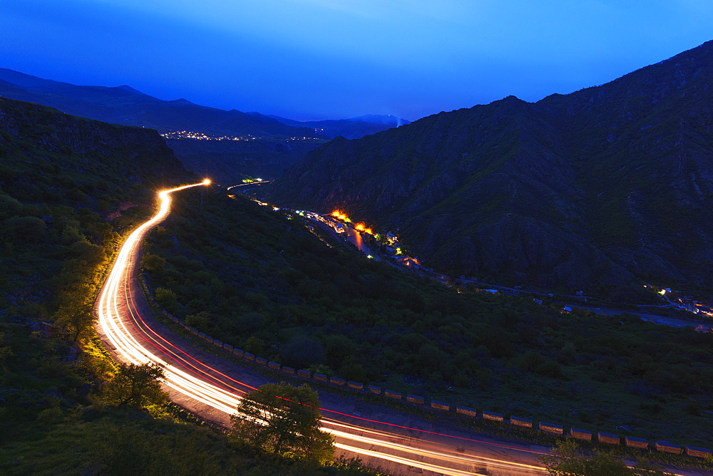 Car lights on mountain road, Lori Province, Armenia, Caucasus, Central Asia, Asia