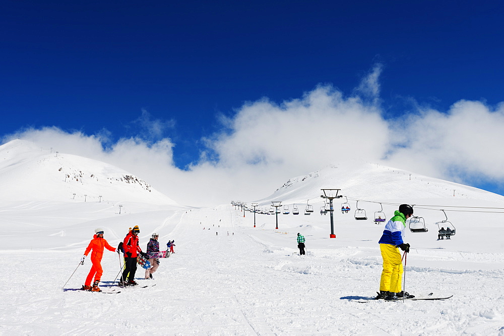 Skiers at Gudauri ski resort, Georgia, Caucasus region, Central Asia, Asia