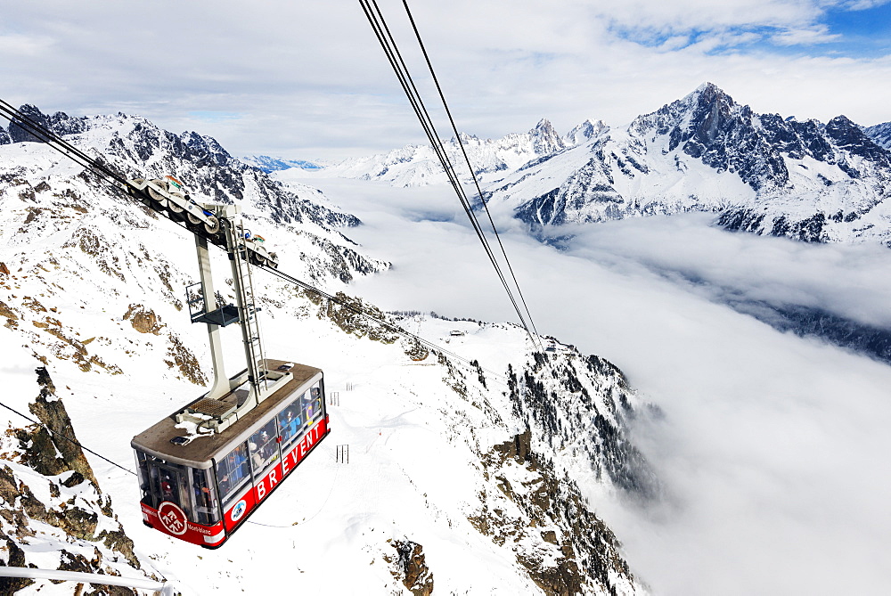 Sea of clouds weather inversion over Chamonix valley, Brevant cable car, Chamonix, Rhone Alps, Haute Savoie, French Alps, France, Europe