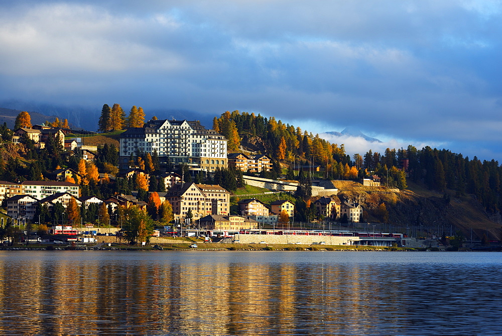 Autumn on the lakeside in St. Moritz, Engadine, Graubunden, Switzerland, Europe