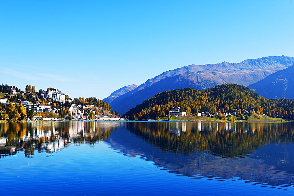 Autumn on the lakeside in St. Moritz, Engadine, Graubunden, Switzerland, Europe