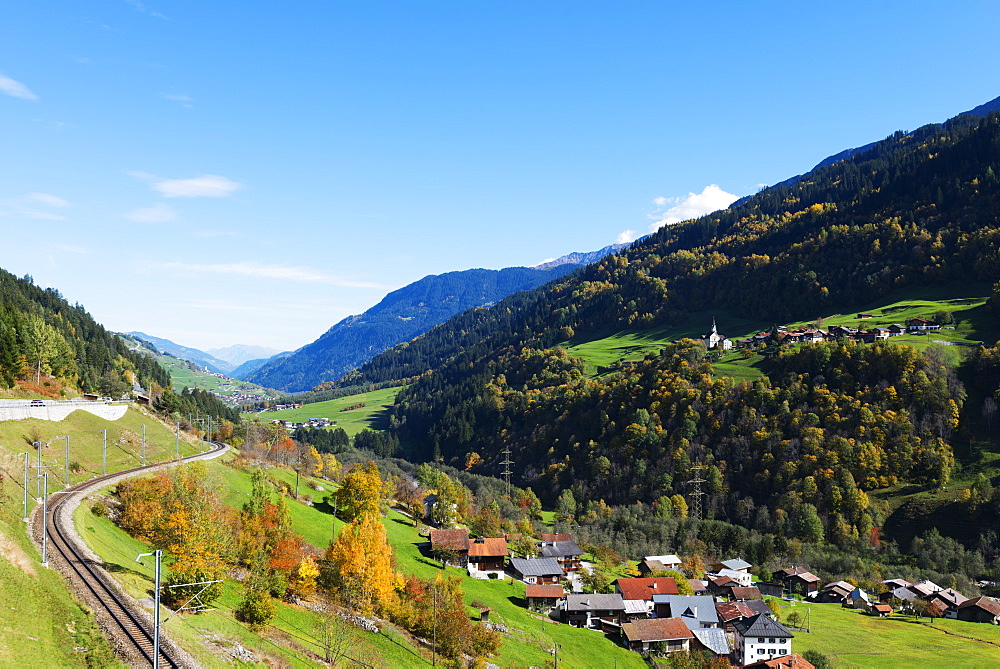 Swiss railway, autumn, Engadine, Graubunden, Switzerland, Europe