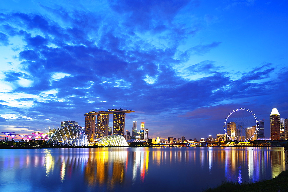 Gardens by the Bay, Cloud Forest, Flower Dome, Marina Bay Sands Hotel and Casino, and Singapore Flyer ferris wheel, Singapore, Southeast Asia, Asia