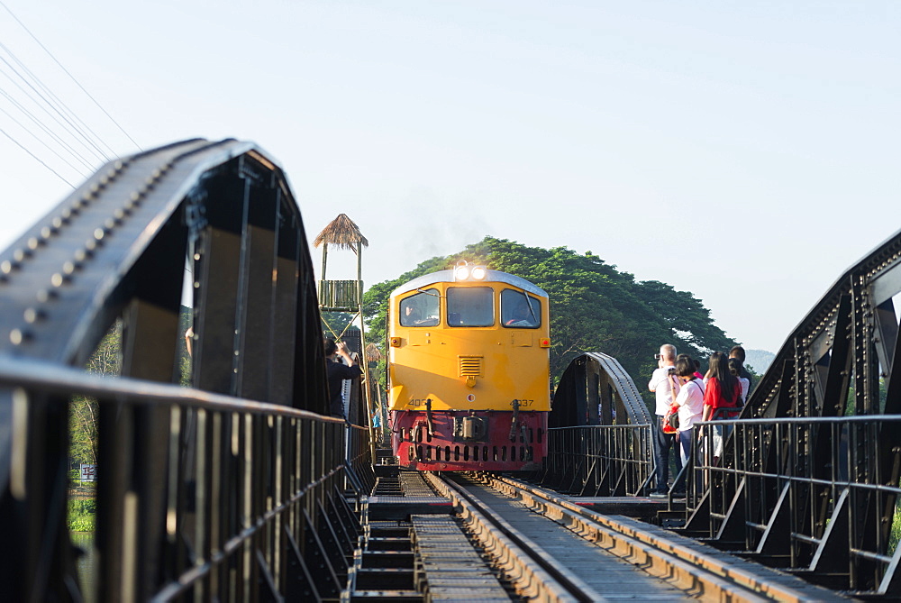 Train crossing the Bridge over the River Kwai, Kanchanaburi, Thailand, Southeast Asia, Asia