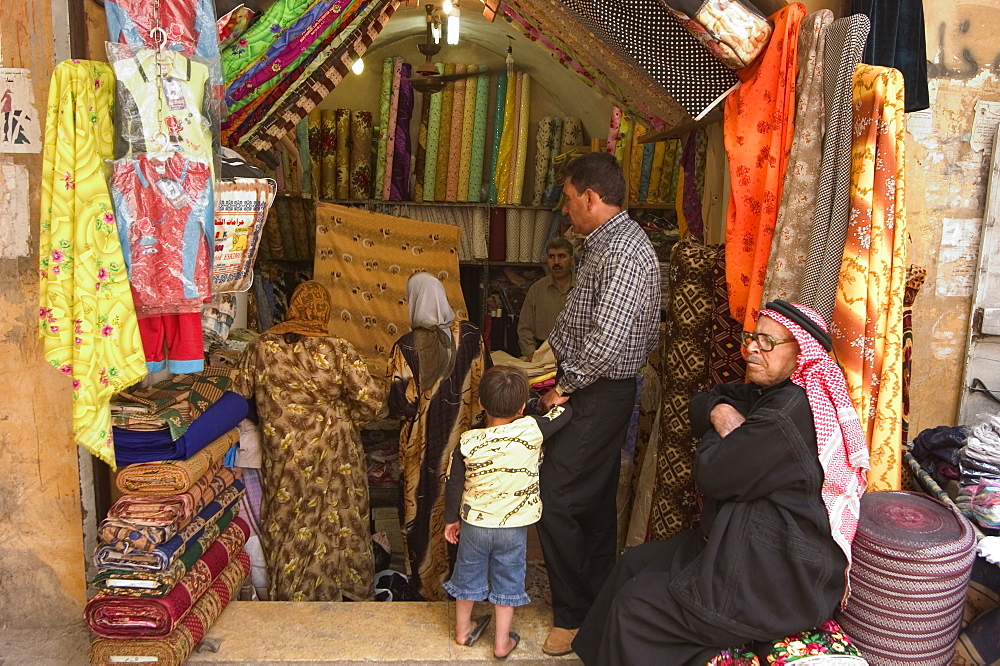 Fabric store, market souq area, Aleppo (Haleb), Syria, Middle East