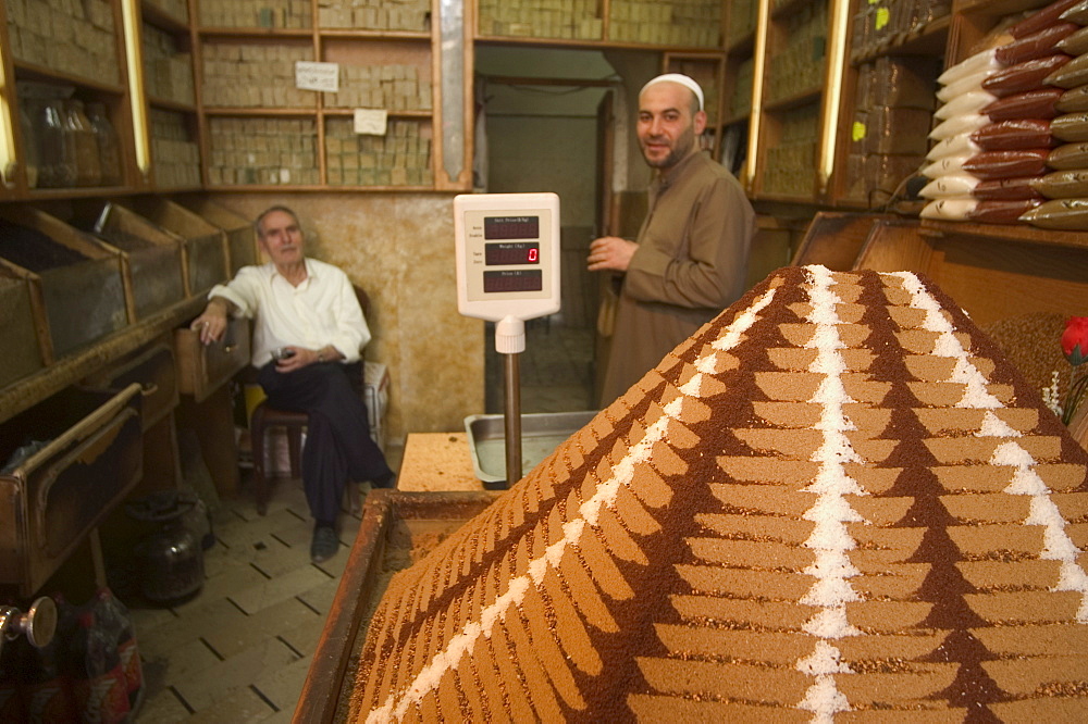 Spice seller, market souq area, Aleppo (Haleb), Syria, Middle East