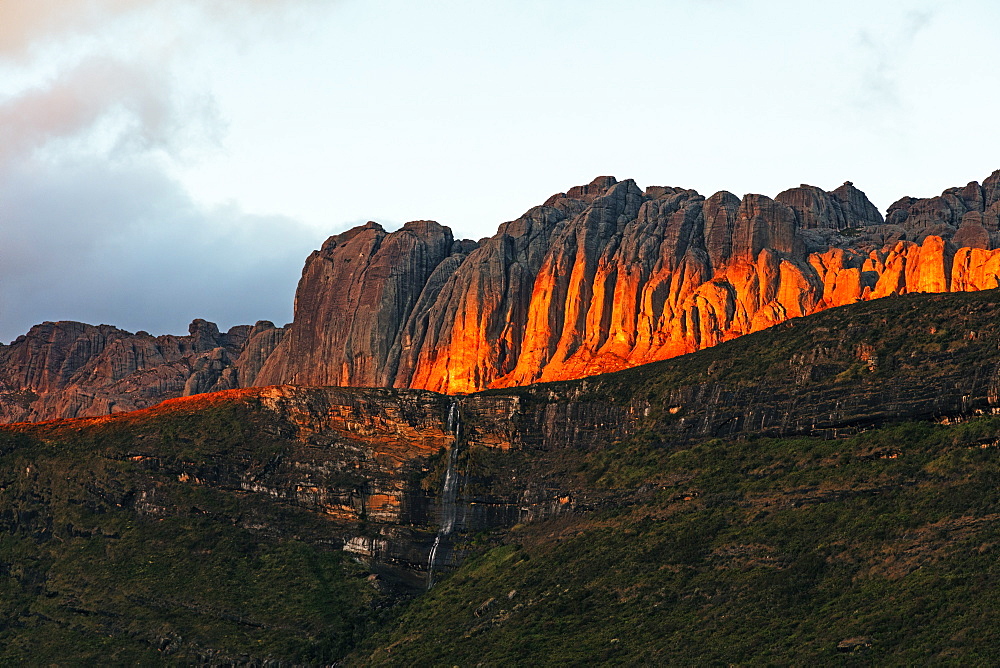 Waterfall at sunrise, Andringitra National Park, Ambalavao, central area, Madagascar, Africa