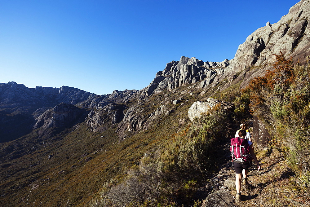 Hikers walking to Pic Boby, Andringitra National Park, Ambalavao, central area, Madagascar, Africa