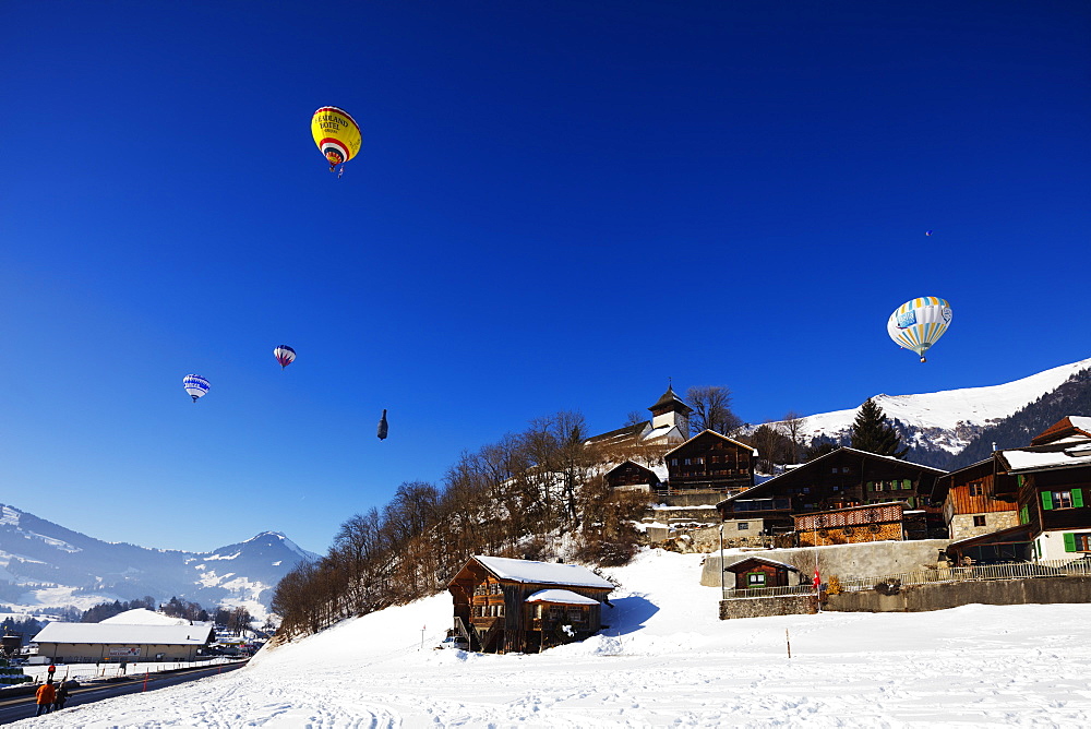 International hot air balloon festival, Chateau-d'Oex, Vaud, Swiss Alps, Switzerland, Europe