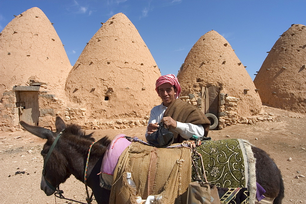 Man on donkey in front of beehive houses built of brick and mud, Srouj village, Syria, Middle East