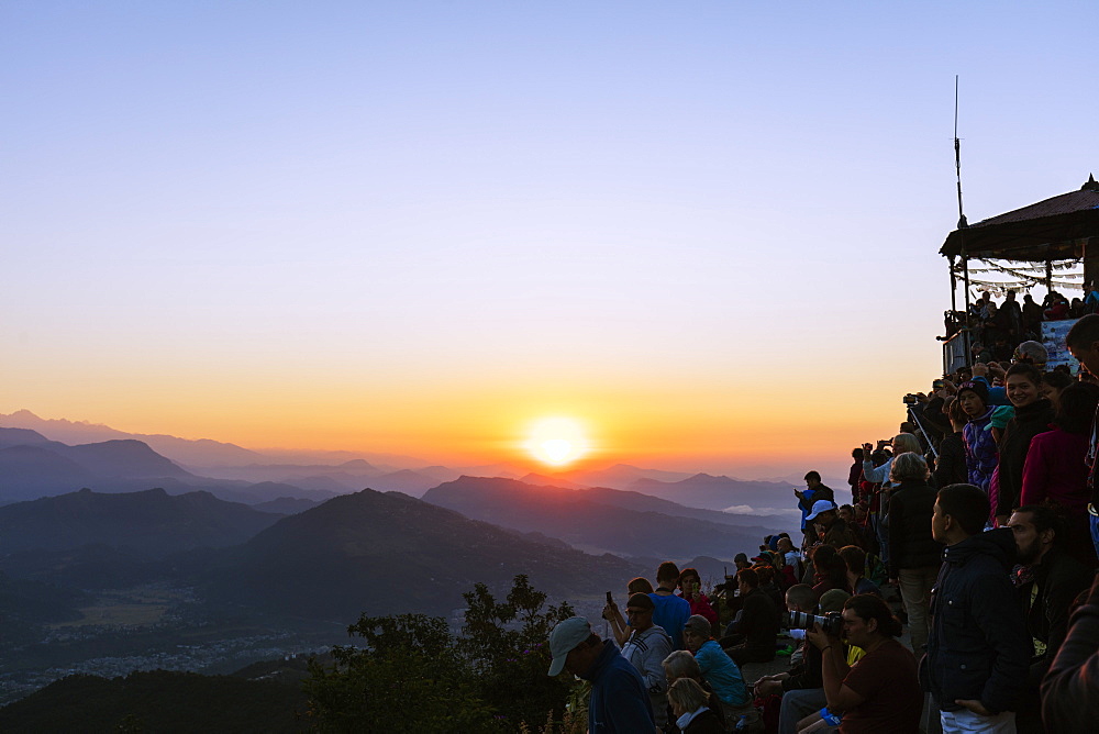 Tourists watching sunrise from Sarangkot, Pokhara, Nepal, Asia