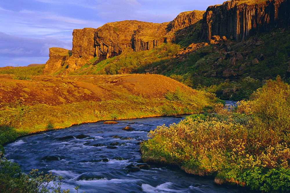 River and midnight sunset, Jokulsa National Park, Iceland