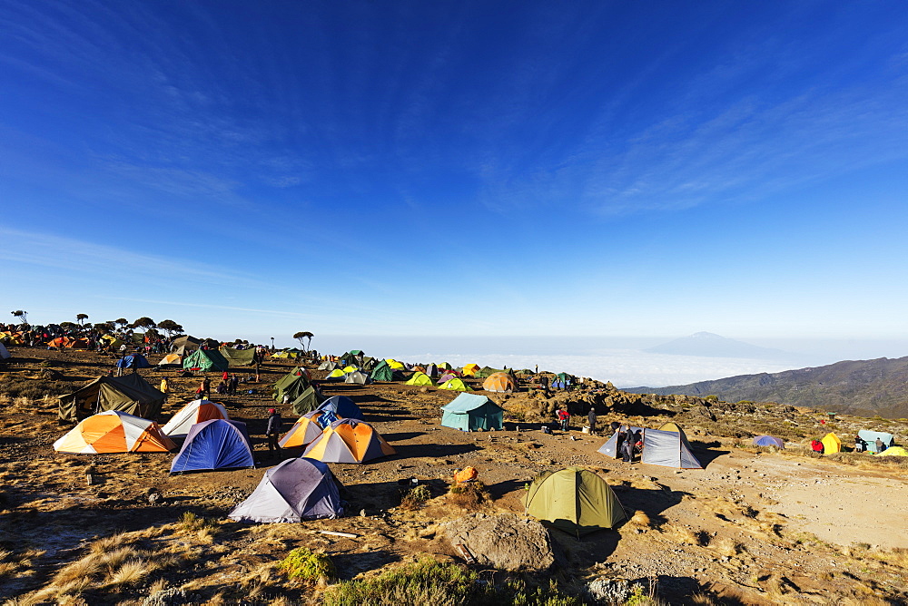 Tents at Umbwe camp with view of Mount Meru, 4565m, Kilimanjaro National Park, UNESCO World Heritage Site, Tanzania, East Africa, Africa