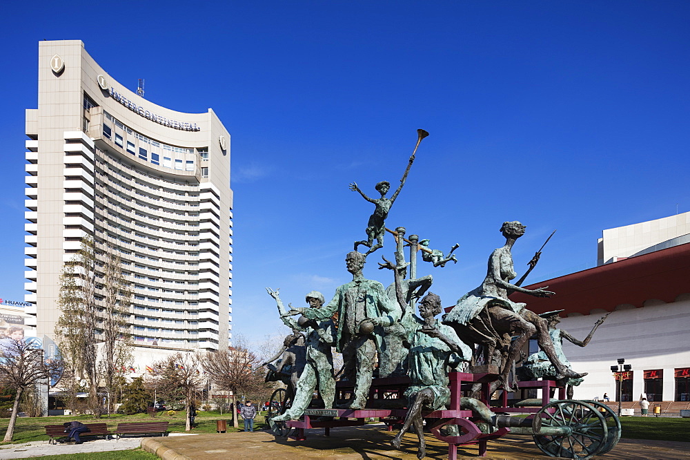 University Square, National Theatre, statue of musicial comedians by Ioan Bolborea, Bucharest, Romania, Europe