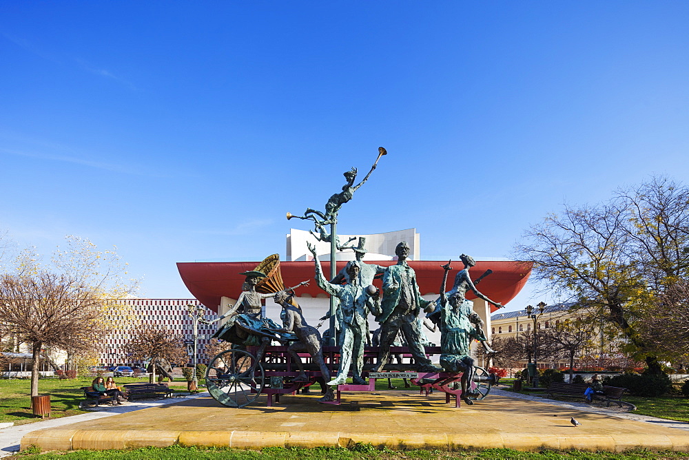 University Square, National Theatre, statue of musicial comedians by Ioan Bolborea, Bucharest, Romania, Europe