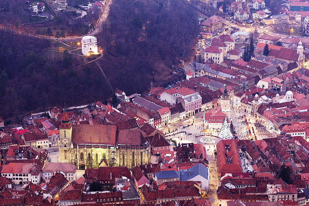 Hilltop view of Brasov old town, The Black Church and History Museum, Brasov, Romania, Europe