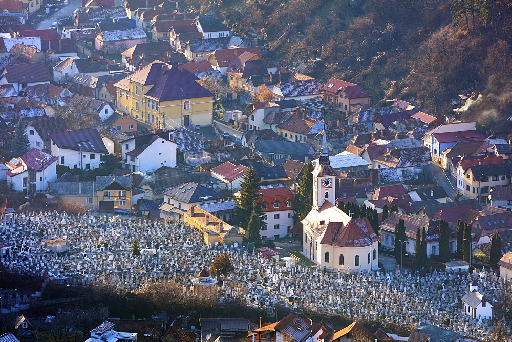 Hilltop view of church cemetery, Brasov, Romania, Europe