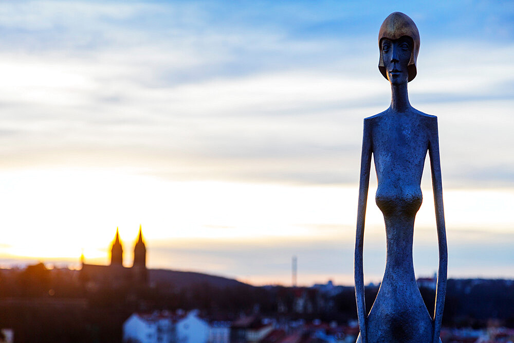 Modern art installations at the Bastion, bronze Guardian Strazkyne, Prague, Czech Republic, Europe