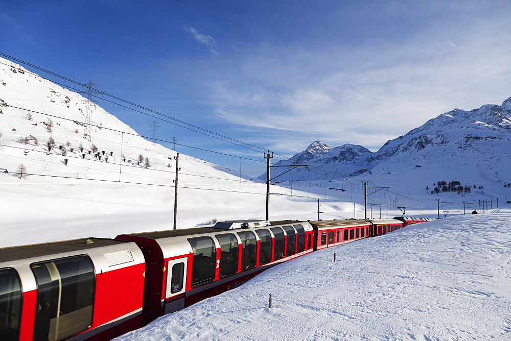 Rhaetian Railway near Albula Bernina Pass, UNESCO World Heritage Site, Engadine, Switzerland, Europe