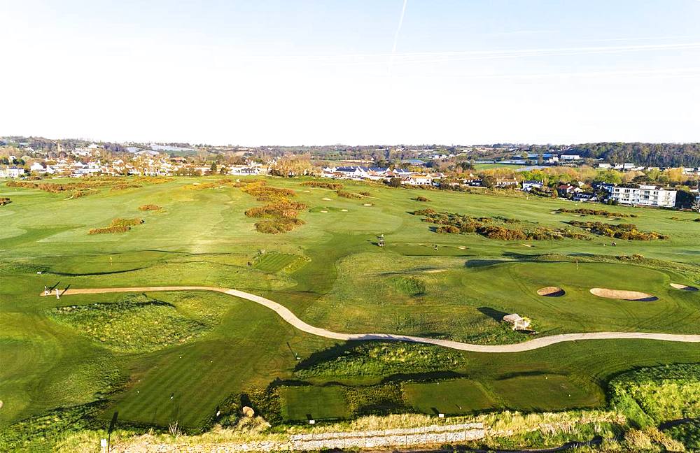 Aerial view of Royal Jersey Golf Course, Gorey, Jersey, Channel Islands, United Kingdom, Europe