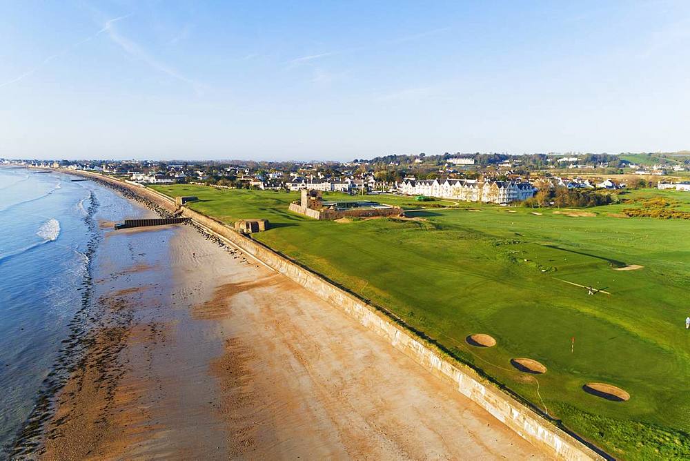 Aerial view of Royal Jersey Golf Course and club house, Gorey, Jersey, Channel Islands, United Kingdom, Europe