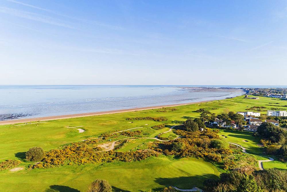 Aerial view of Royal Jersey Golf Course, Gorey, Jersey, Channel Islands, United Kingdom, Europe