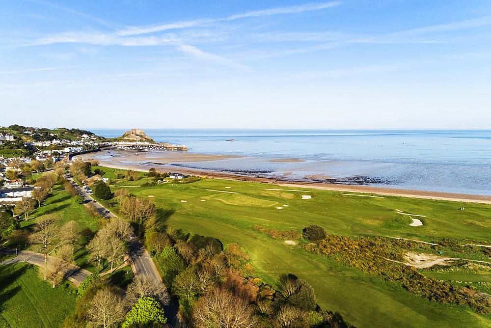 Aerial view of Royal Jersey Golf Course, Mont Orgueil Castle (Gorey Castle), Gorey, Jersey, Channel Islands, United Kingdom, Europe