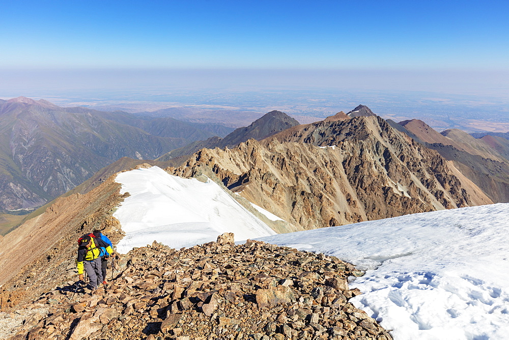 Hikers on Mount Uchityel, Ala Archa National Park, Bishkek, Kyrgyzstan, Central Asia, Asia