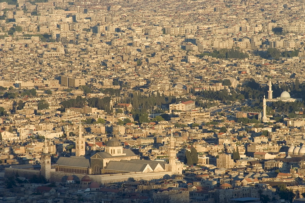 Aerial view of city including the Umayyad Mosque, UNESCO World Heritage Site, Damascus, Syria, Middle East