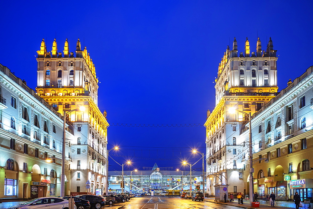 The Gates Of Minsk and Railway Station Square at dusk, Minsk, Belarus, Eastern Europe