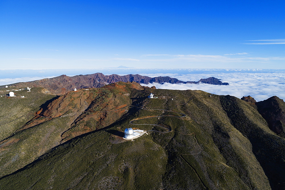 Aerial view of Telescope observatory, near Caldera de Taburiente National Park, UNESCO Biosphere Site, La Palma, Canary Islands, Spain, Atlantic, Europe