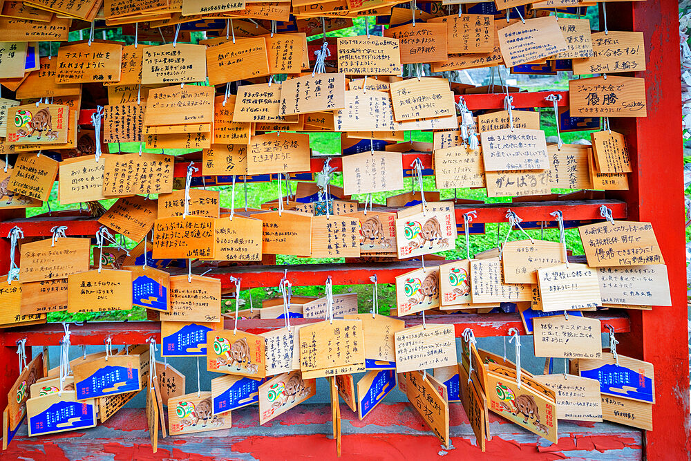 Iwakisan jinja shrine, wooden plaques with prayers and wishes, Aomori Prefecture, Tohoku, Honshu, Japan, Asia