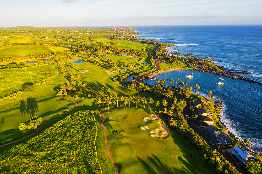 Aerial view by done of Poipu golf course, Kauai Island, Hawaii, United States of America, North America