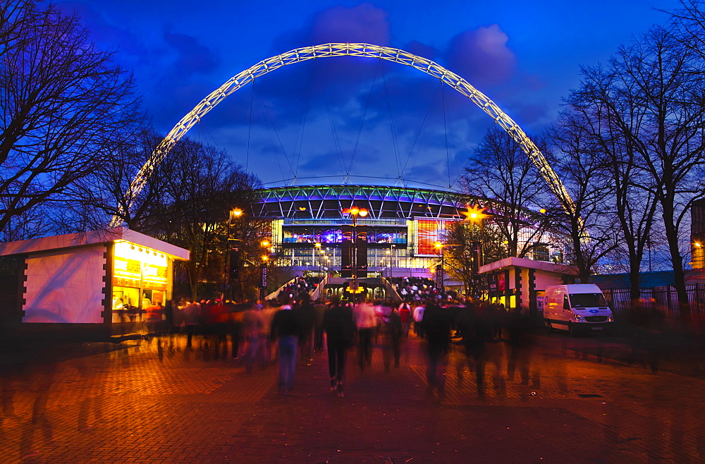 Wembley Stadium with England supporters entering the venue for international game, London, England, United Kingdom, Europe