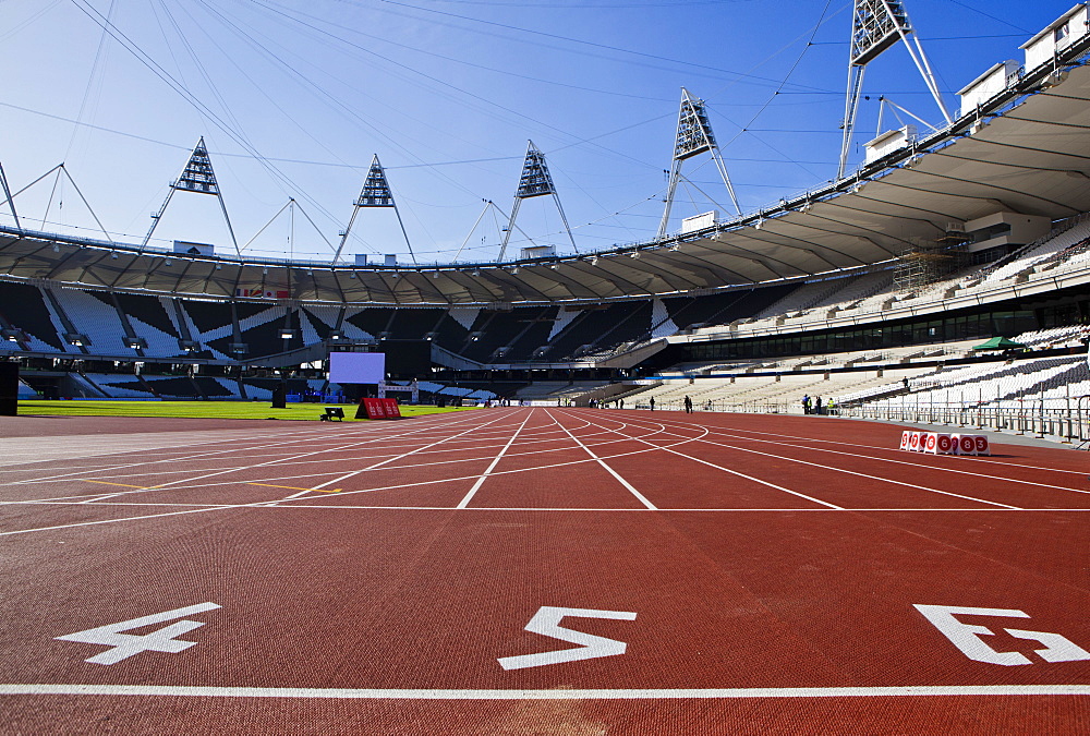 The start line of the 100m inside The Olympic Stadium, London, England, United Kingdom, Europe