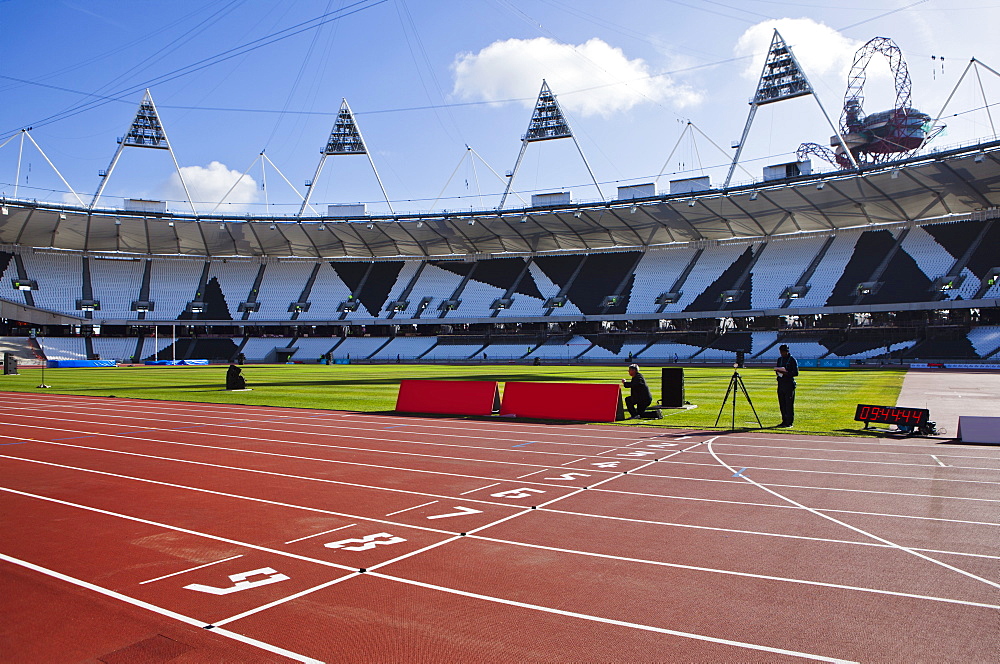 The finishing line of the athletics track inside The Olympic Stadium, London, England, United Kingdom, Europe