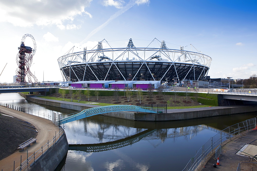 The Olympic Stadium with The Arcelor Mittal Orbit and the River Lee, London, England, United Kingdom, Europe