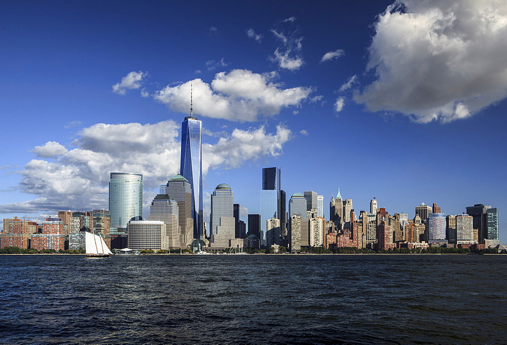 Manhattan financial district skyline as seen from Jersey City, New York, United States of America, North America