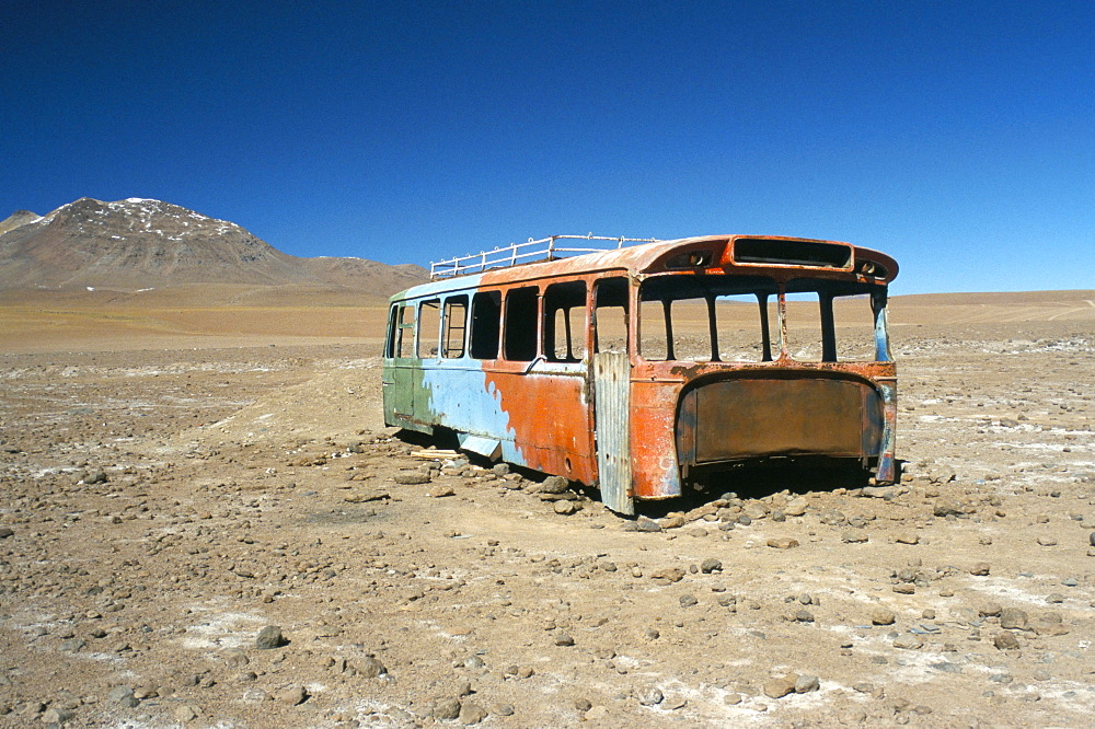 Bus wreck, near Chilean border, Salar de Uyuni, Bolivia, South America