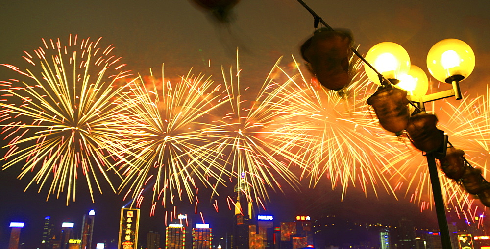 Fireworks in Victoria Harbour during the Chinese new year, Hong Kong