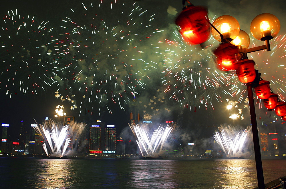 Fireworks in Victoria Harbour during the Chinese new year, Hong Kong