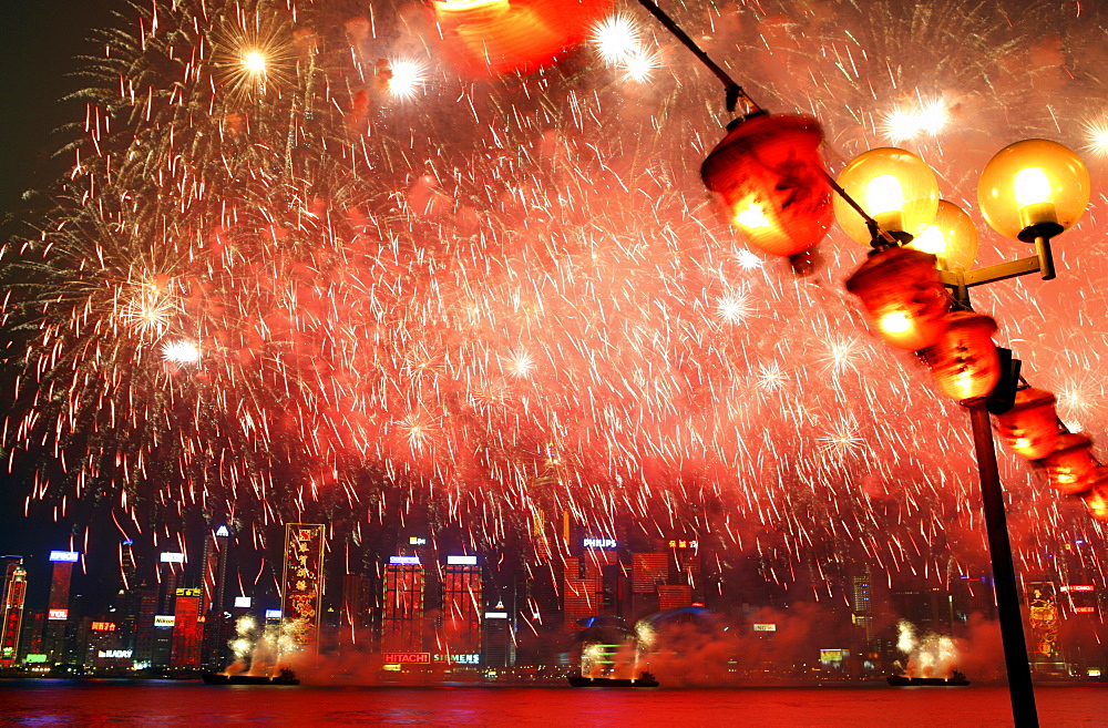 Fireworks in Victoria Harbour during the Chinese new year, Hong Kong