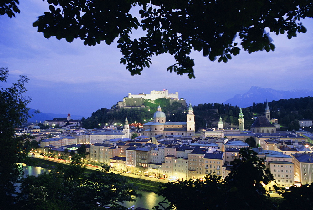 Festung (fortress) Hohensalzburg at twilight, Salzburg, Salzburgland, Austria, Europe