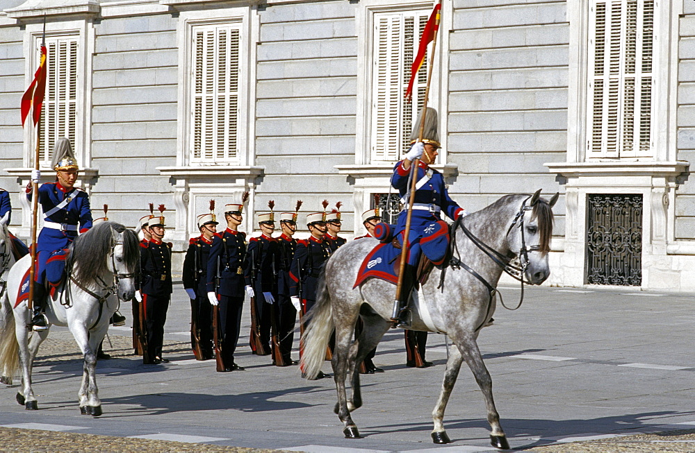 Changing of the guard at Palacio Real (Royal Palace), Centro, Madrid, Spain, Europe